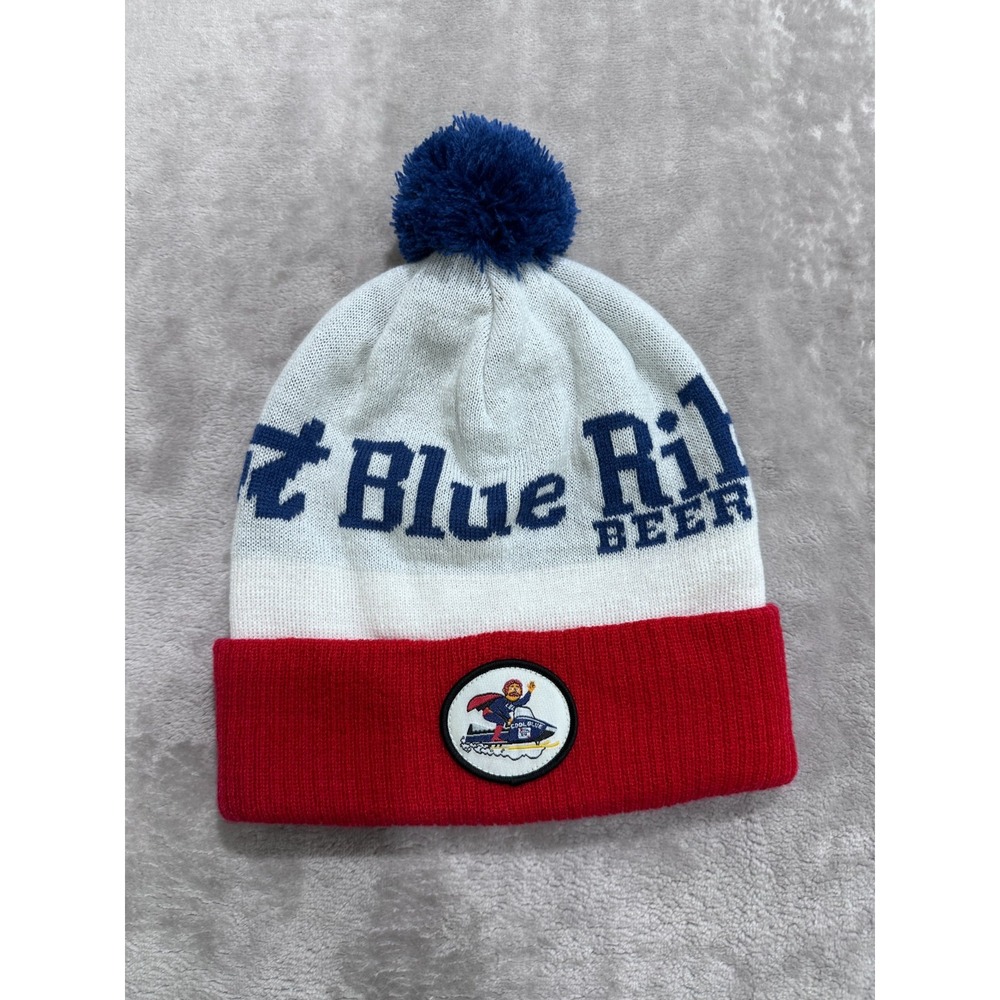 Spacecraft Pabst Blue Ribbon PBR Beer Beanie Hat Cool Blue Snowmobile Pom EUC